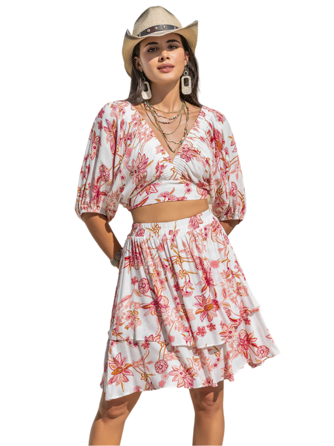 Printed Half Sleeve Top and Layered Skirt Set