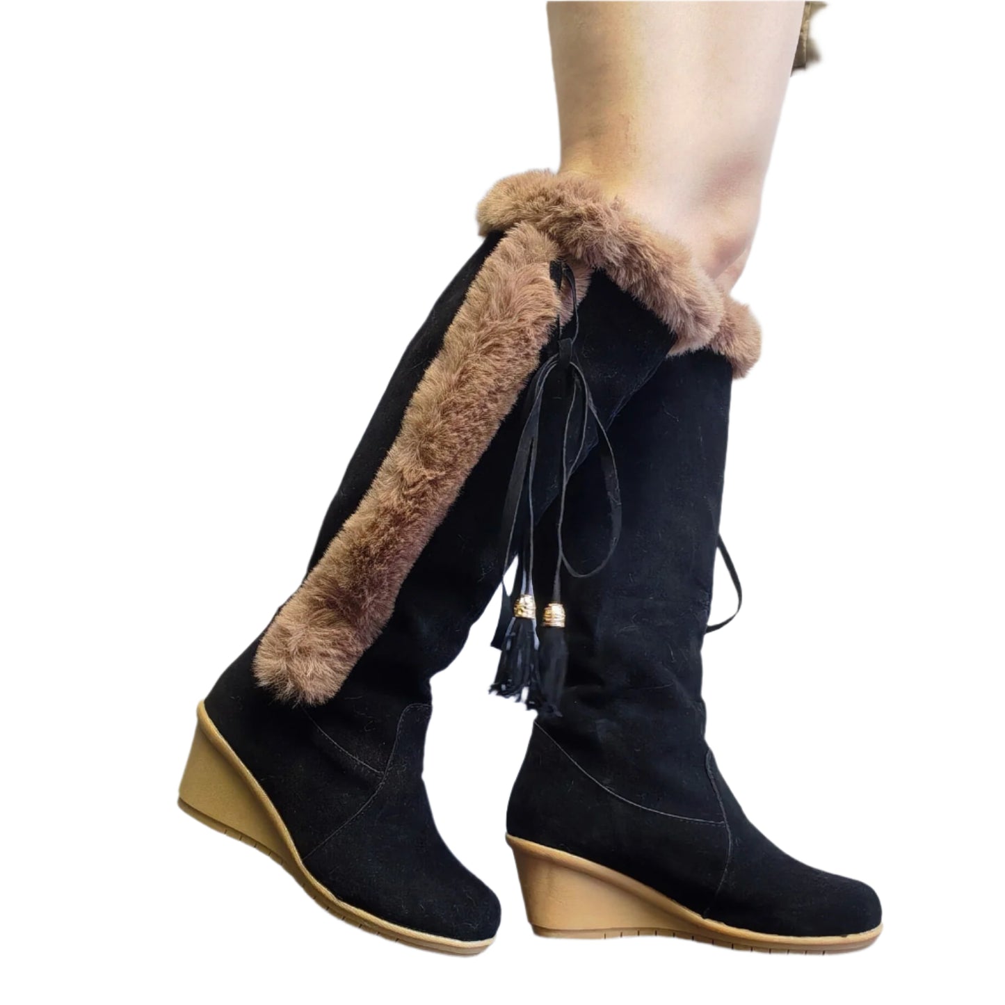 PU Leather Faux Fur Tassel Wedge Boots