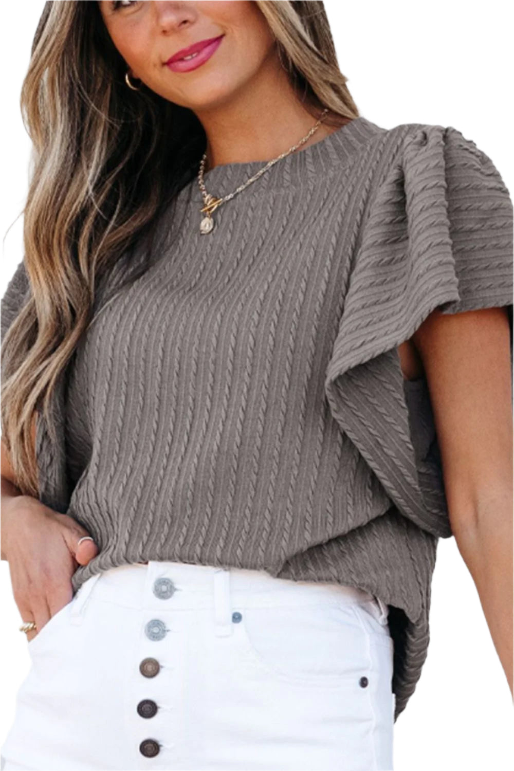Textured Round Neck Flounce Sleeve Blouse