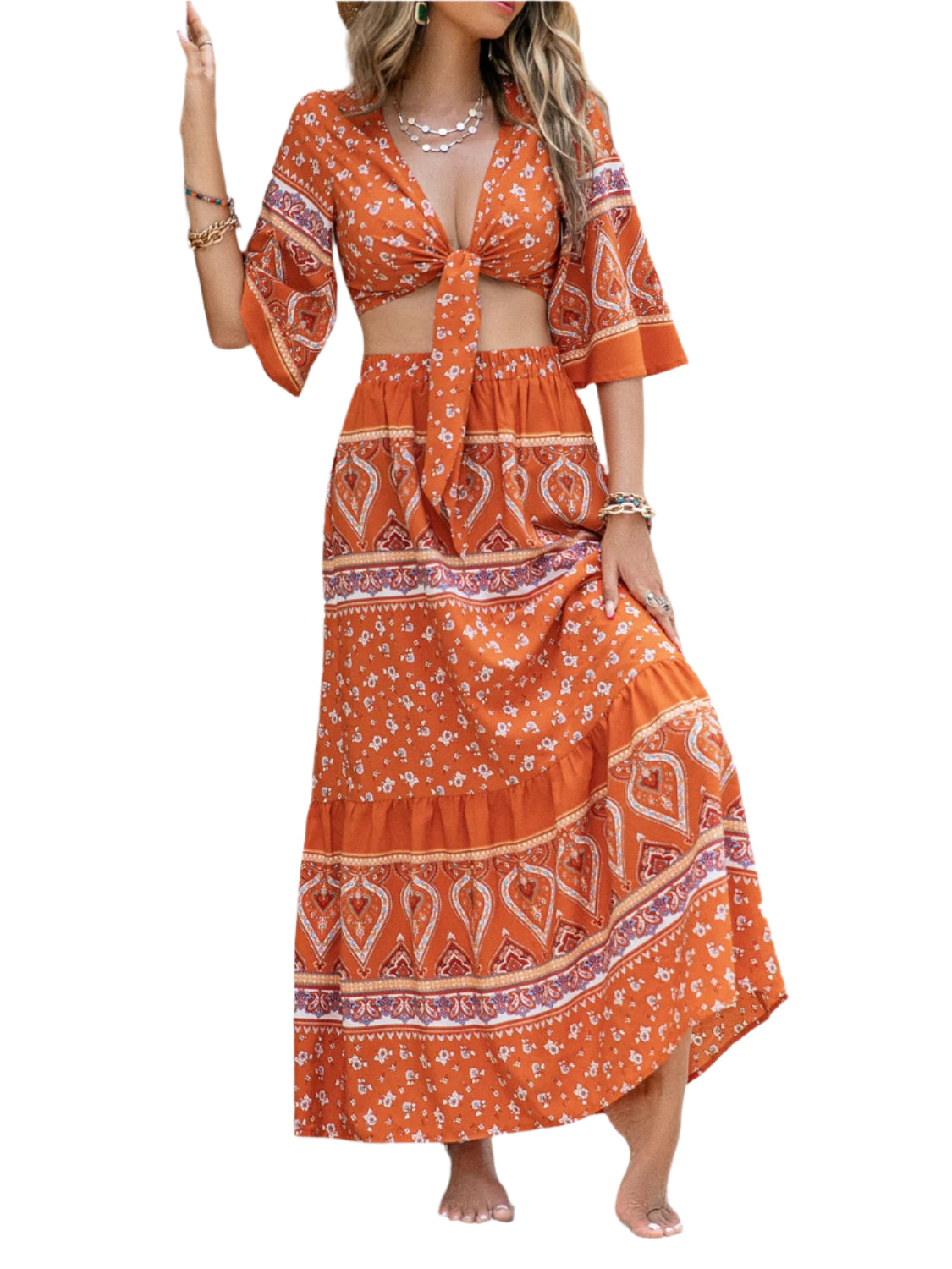 Printed Plunge Half Sleeve Top and Skirt Set