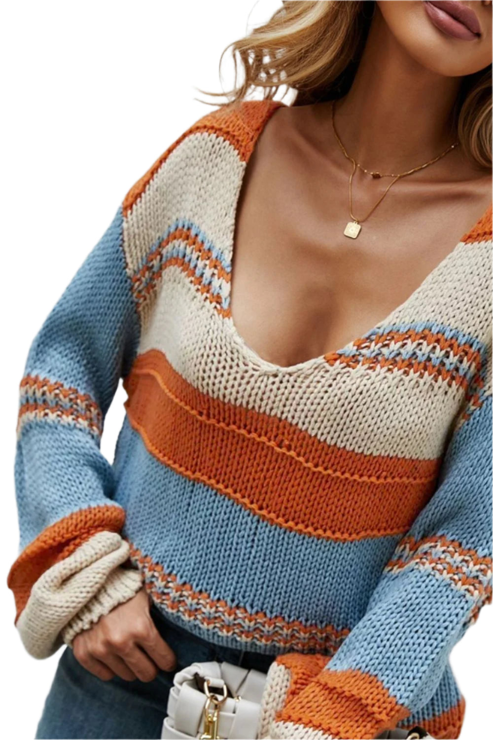 Angel Wings Color Block V-Neck Dropped Shoulder Sweater