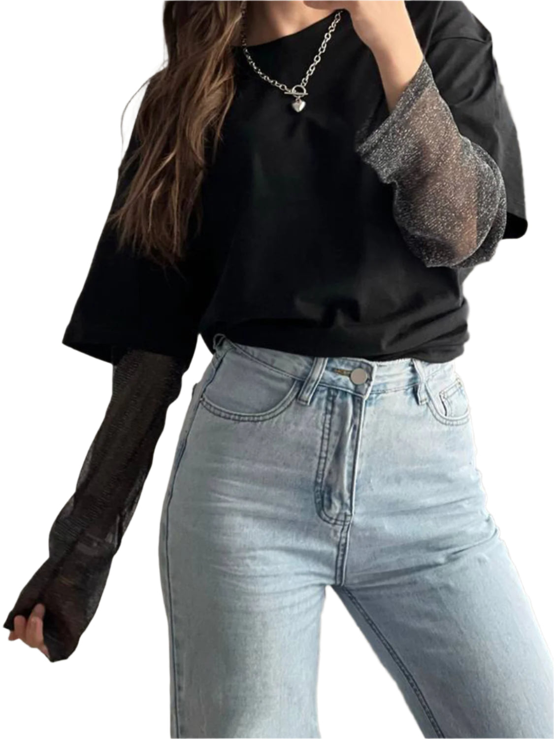 Faux Layered Round Neck Mesh Sleeve Top