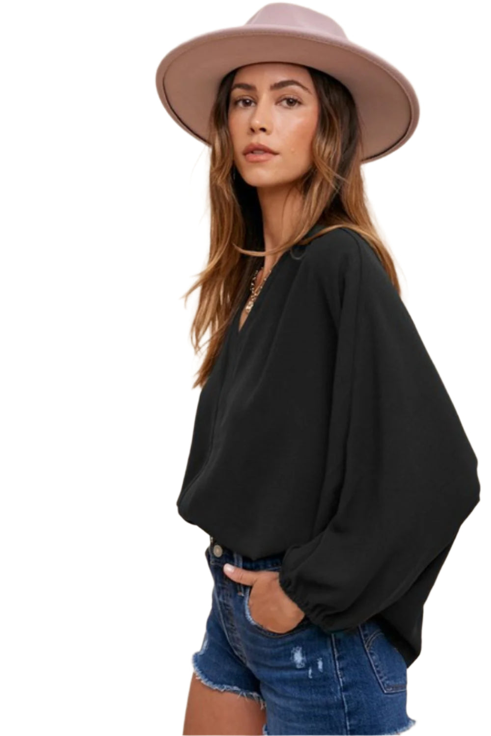 Annie Wear Notched Batwing Sleeve Blouse