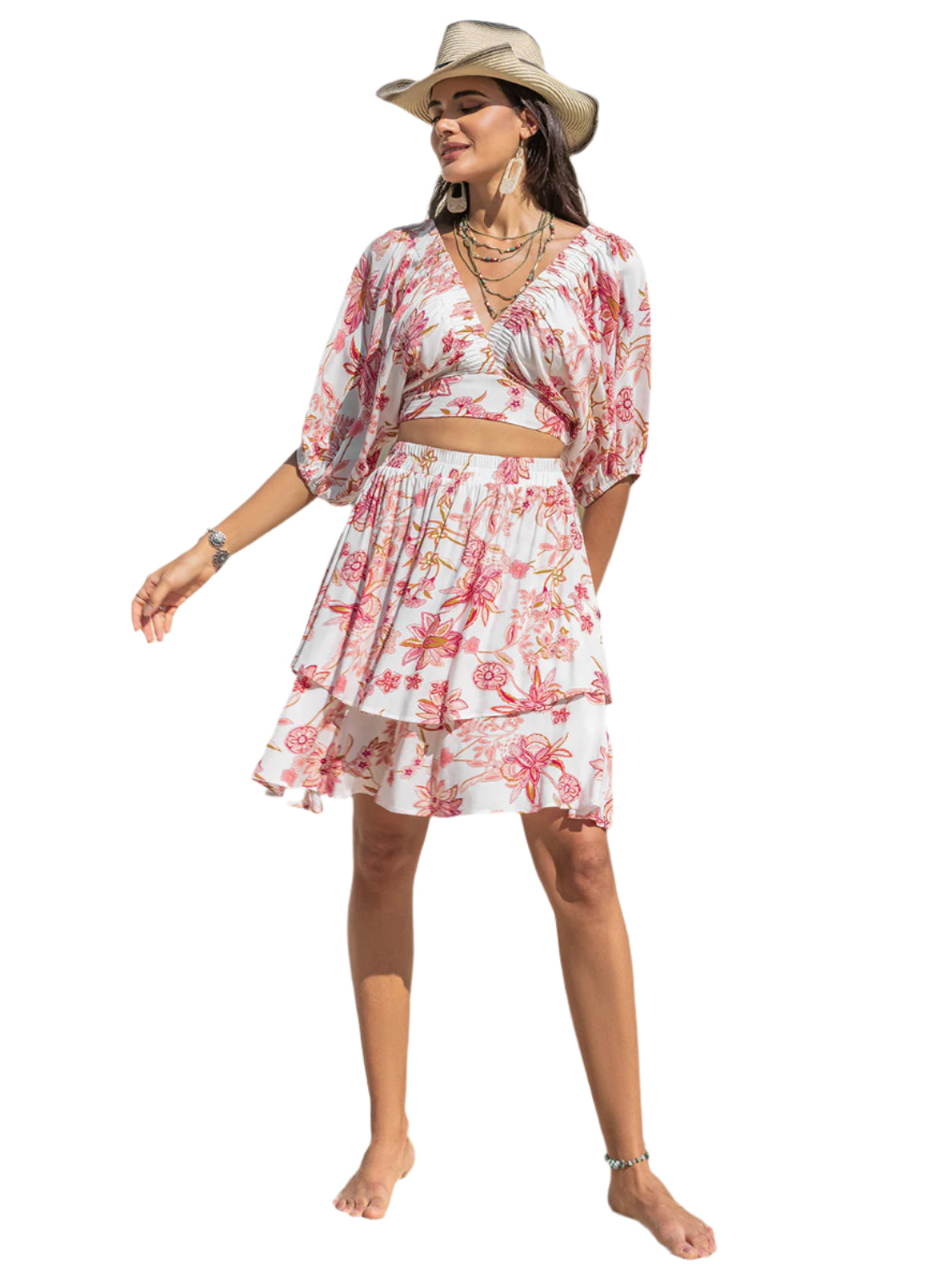 Printed Half Sleeve Top and Layered Skirt Set