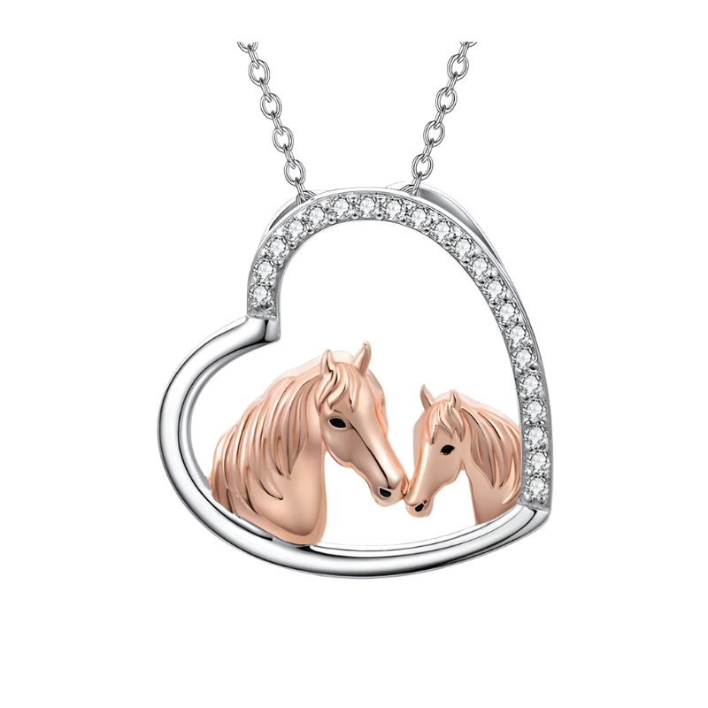 Horses Mare and Foal 925 Sterling Silver Heart Pendant Necklace