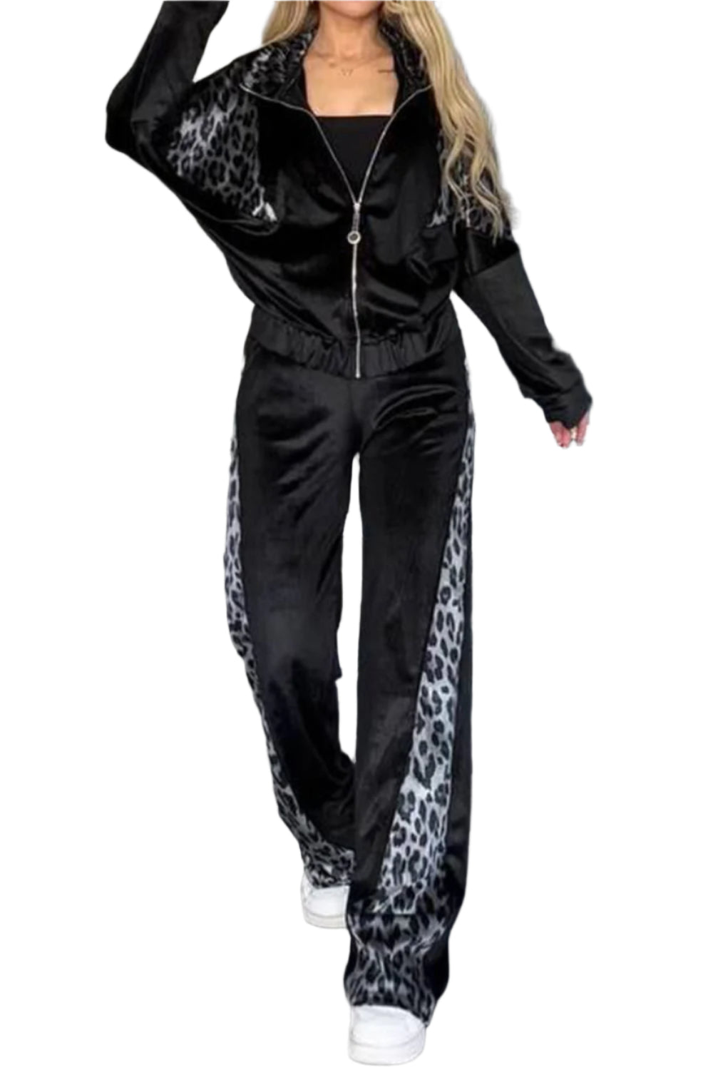 Full Size Collared Neck Leopard Zip Up Top and Pants Set Plus Size