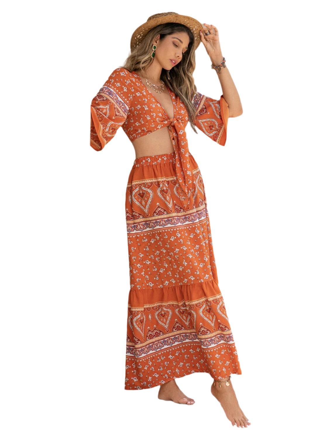 Printed Plunge Half Sleeve Top and Skirt Set