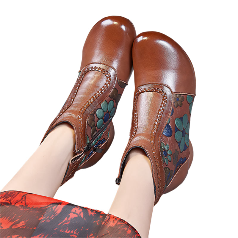 Floral Print Cowhide Waterproof Ankle Boots