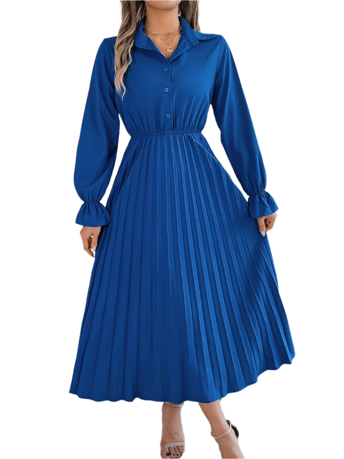 Pleated Half Button Long Sleeve Midi Dress