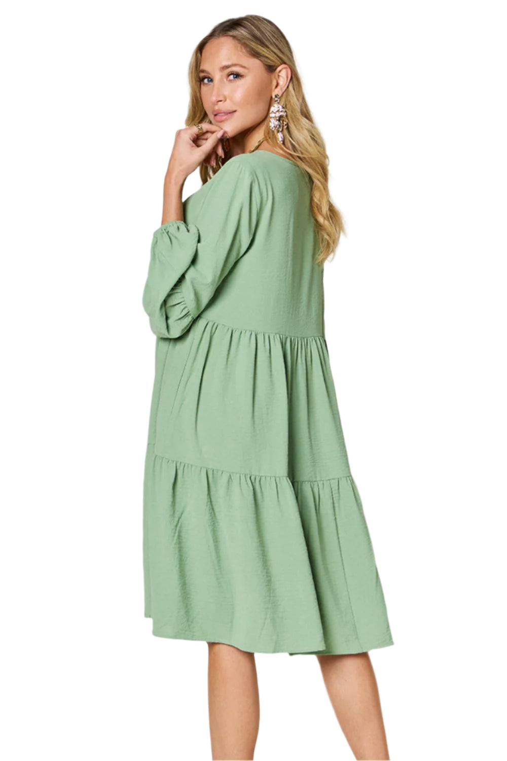 Double Take Full Size V-Neck Balloon Sleeve Tiered Dress with Pockets