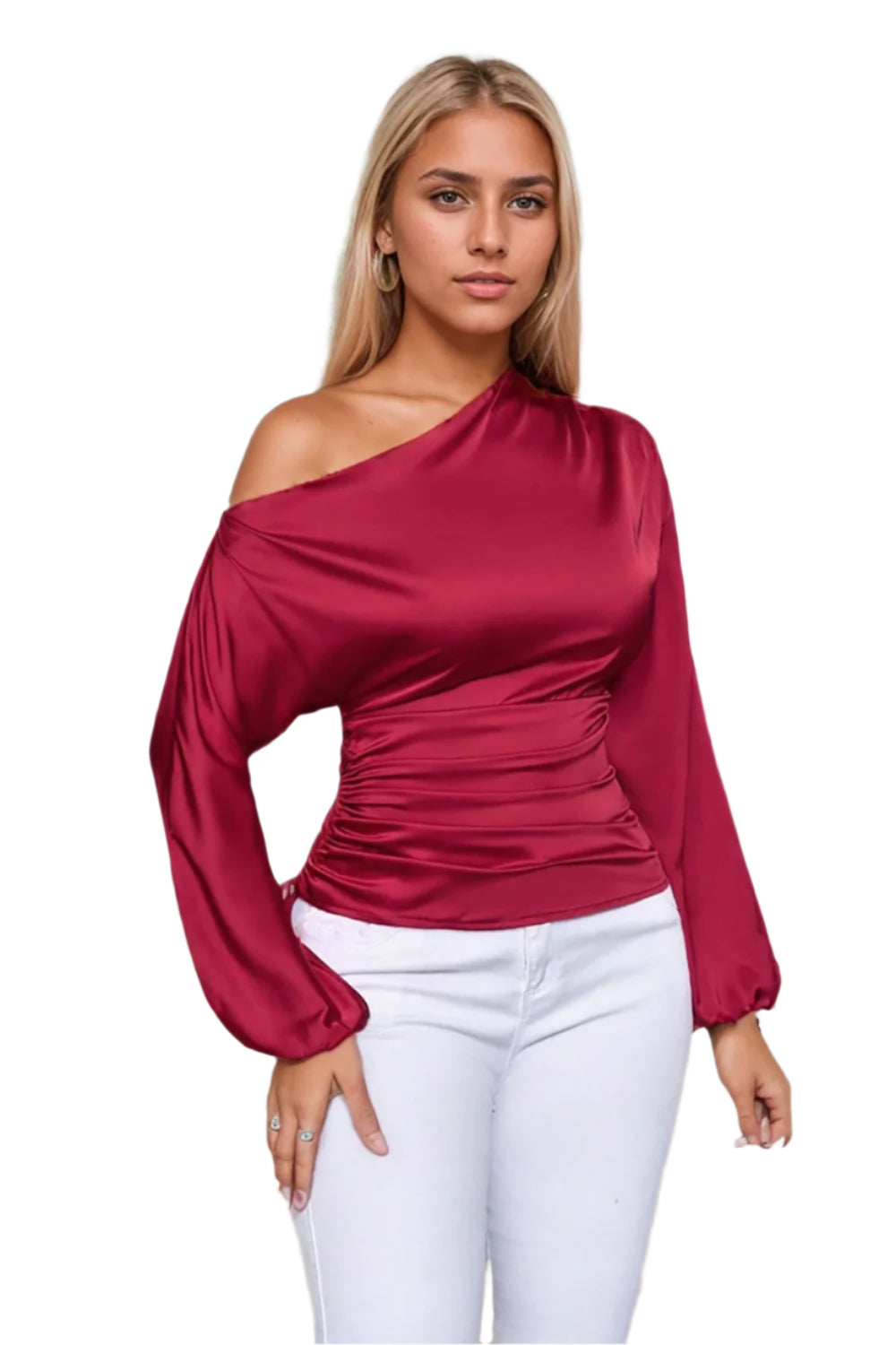 Drawstring One Shoulder Long Sleeve Blouse