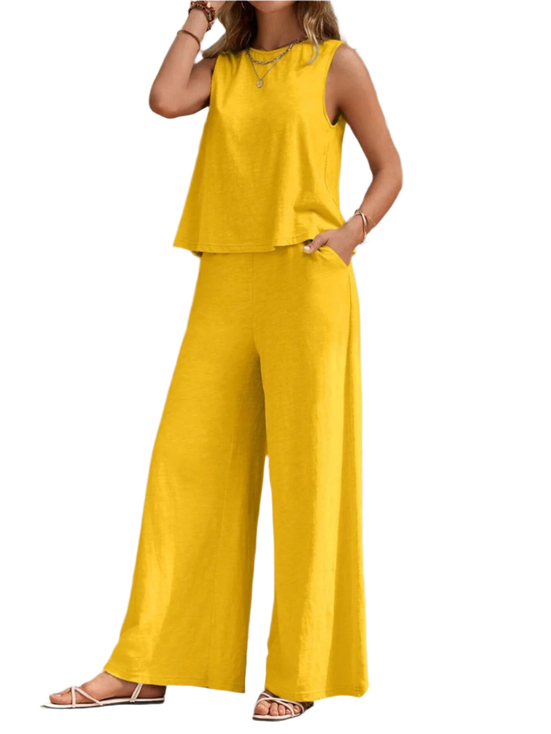 Round Neck Sleeveless Top and Wide Leg Pants Set