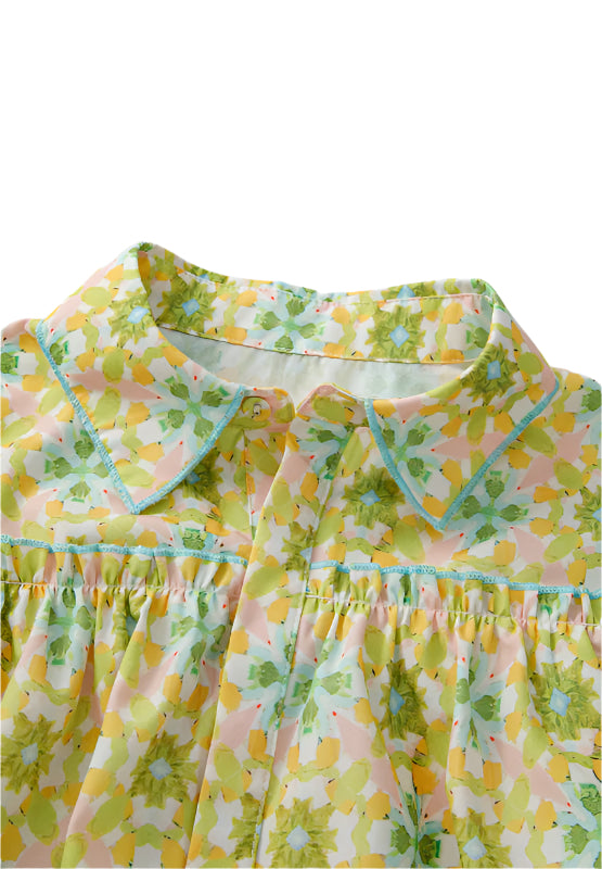 Frill Printed Collared Neck Long Sleeve Blouse