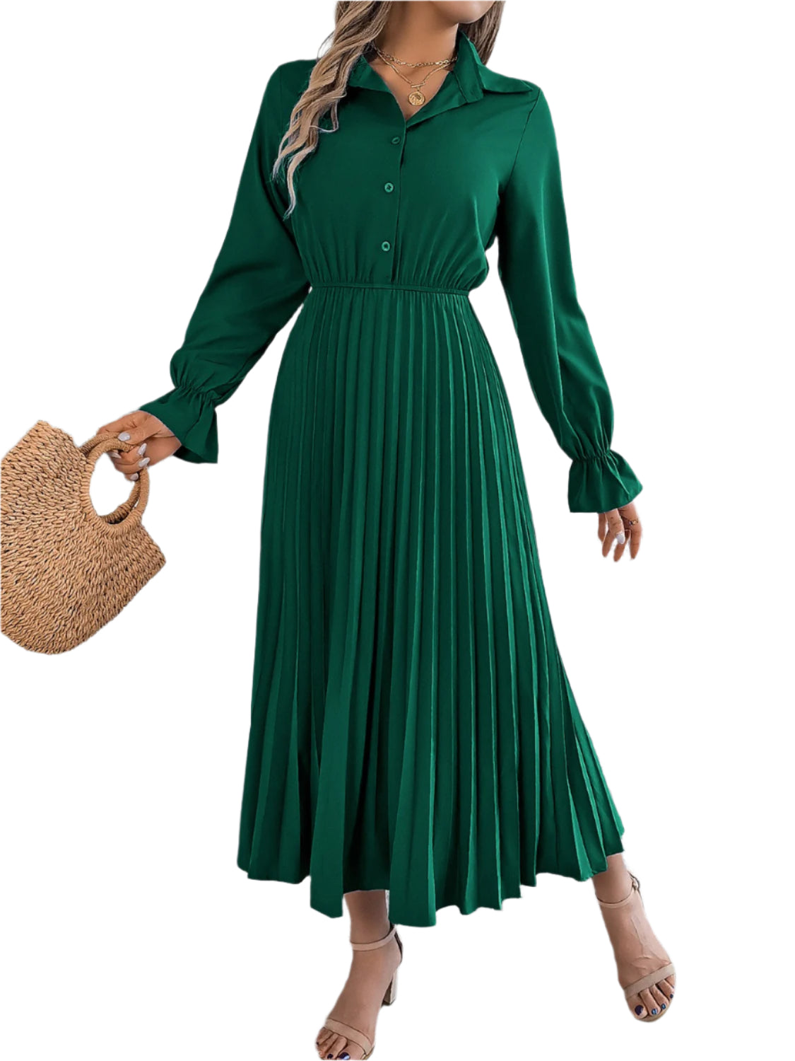 Pleated Half Button Long Sleeve Midi Dress