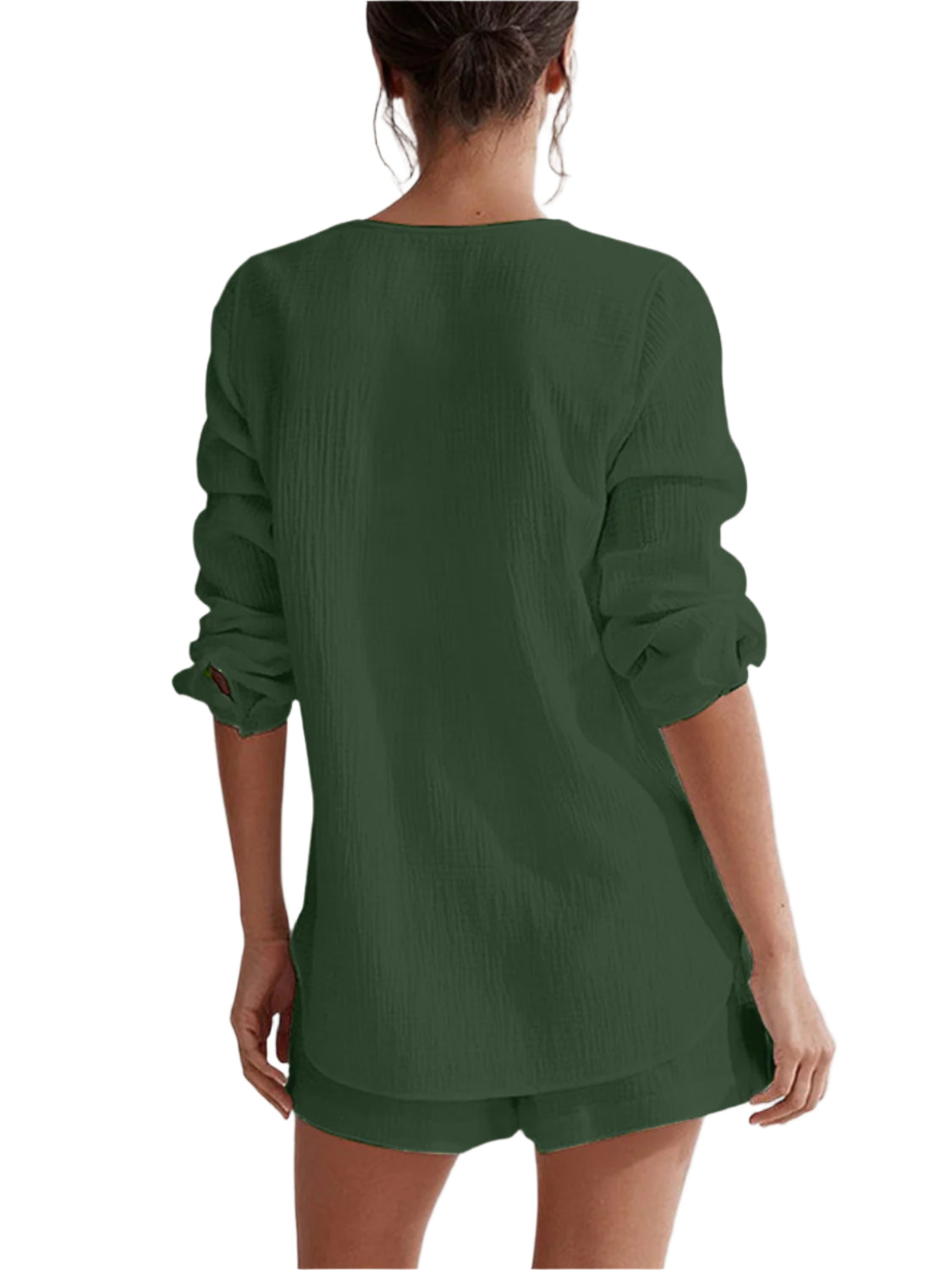 Notched Long Sleeve Top and Shorts Set