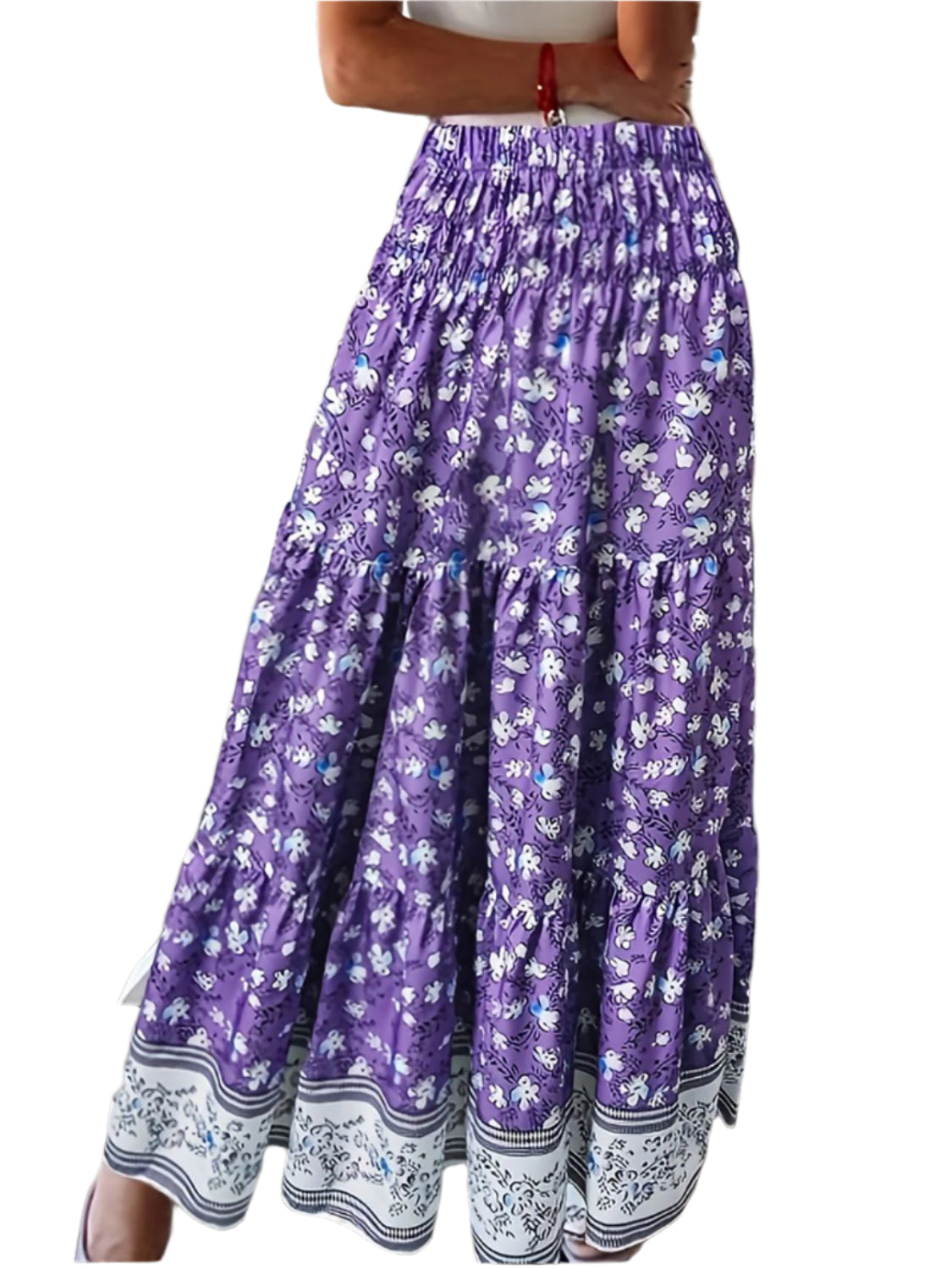 Full Size Tiered Printed Elastic Waist Skirt