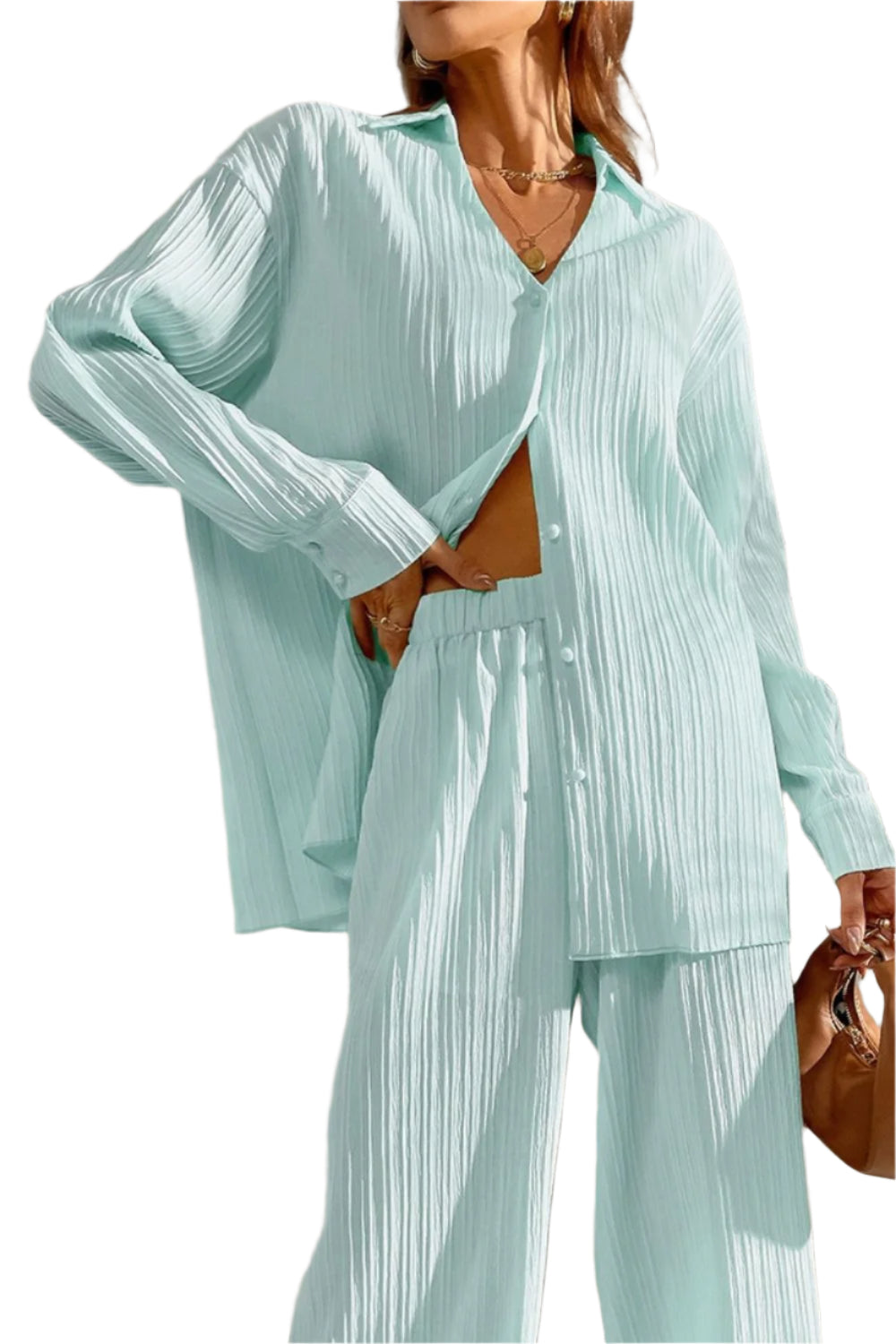 Johnny Collar Button Down Top and Pants Set