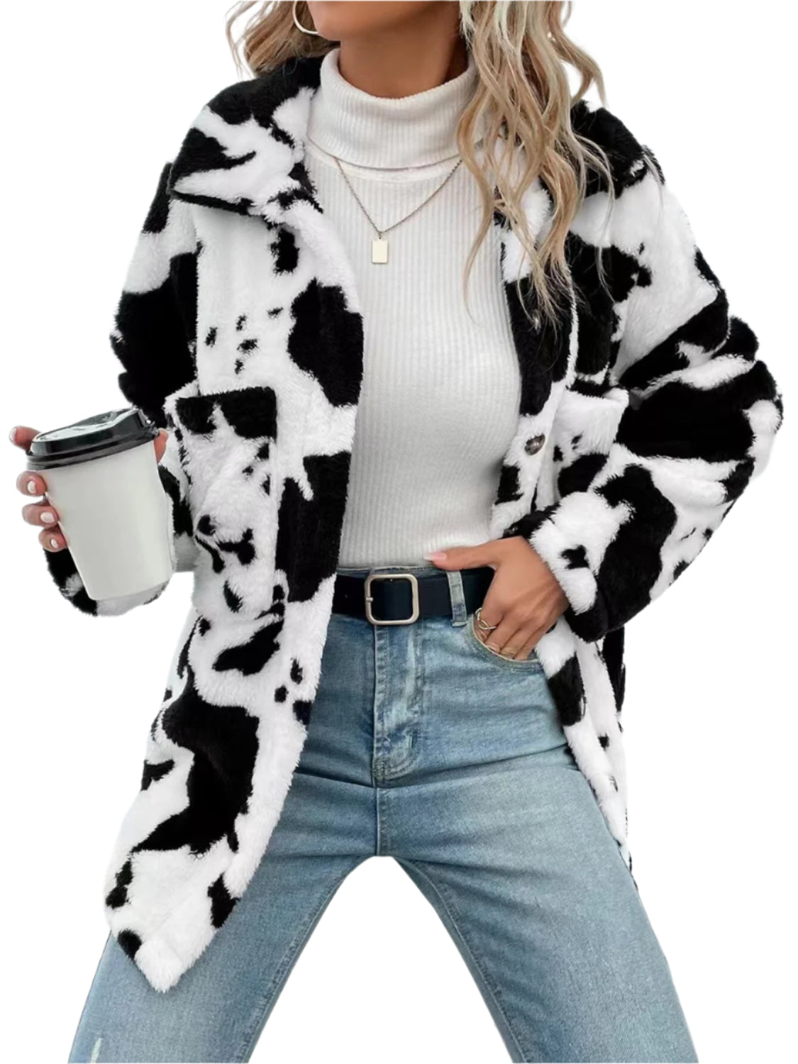 Cow Print Collared Neck Button Up Fuzzy Jacket