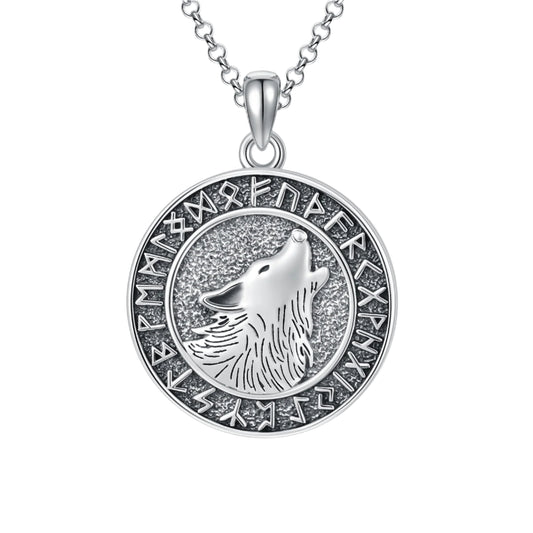 925 Sterling Silver Norse Elder Futhark Runes with Wolf Necklace