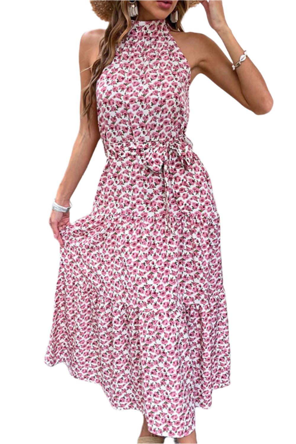 Perfee Floral Tie-Waist Tiered Dress