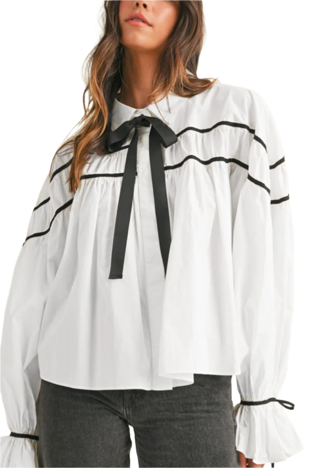 Ribbon Bowtie Collared Neck Flounce Sleeve Shirt