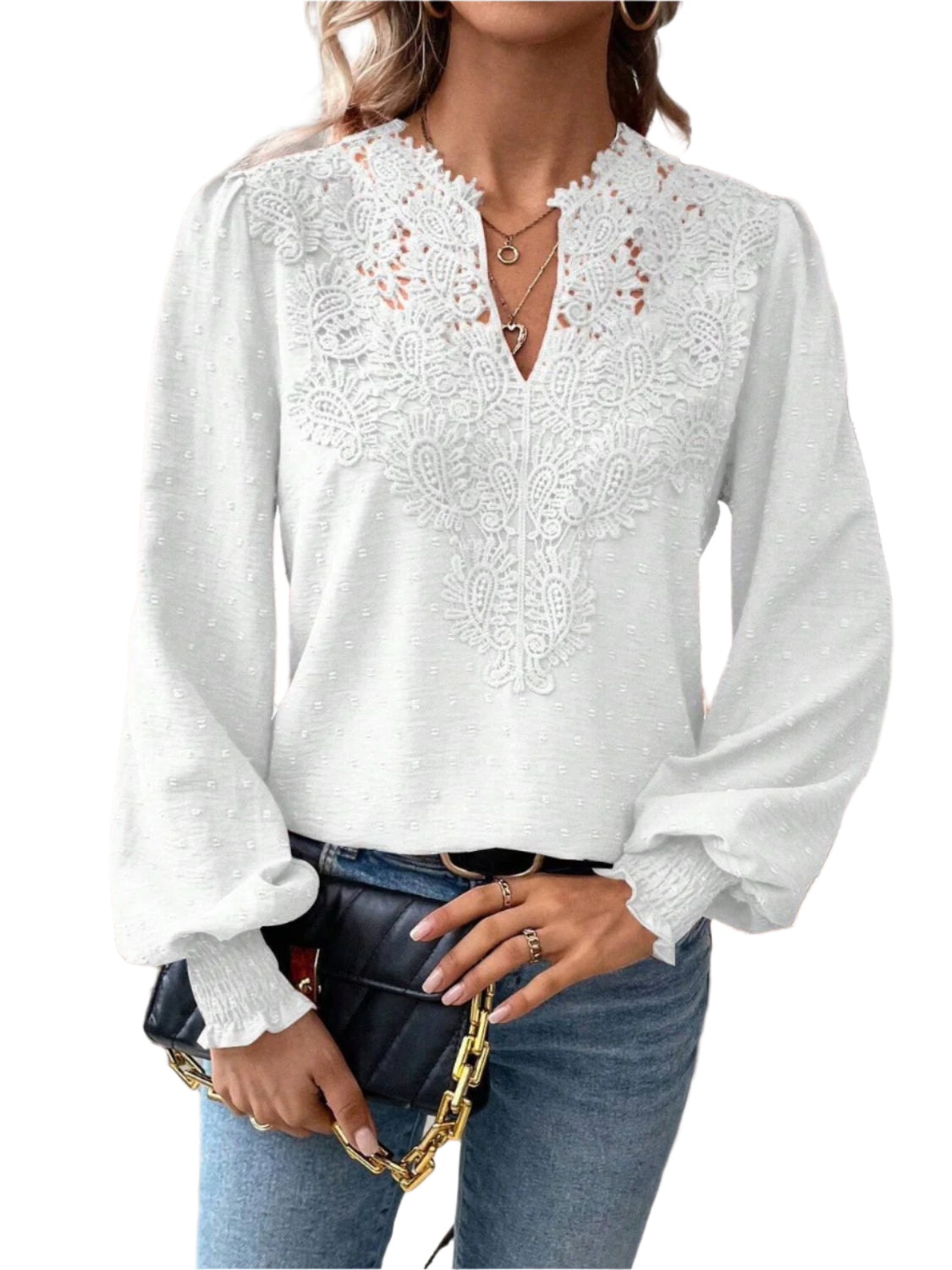 Swiss Dot Lace Detail Notched Long Sleeve Blouse