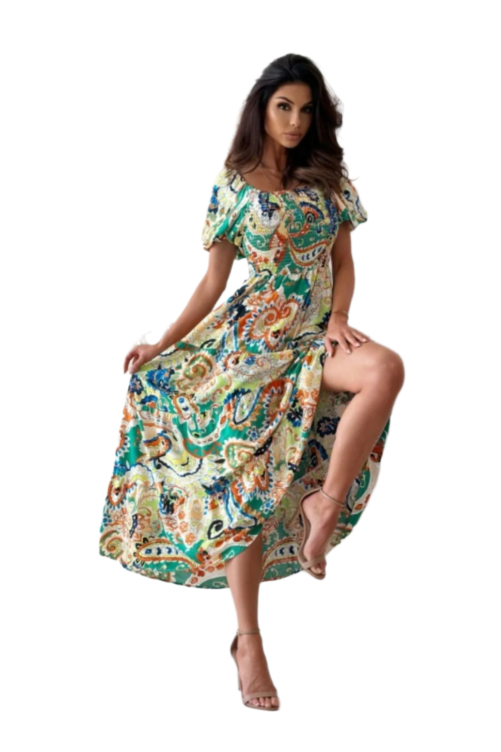 Smocked Printed Short Sleeve Maxi Dress