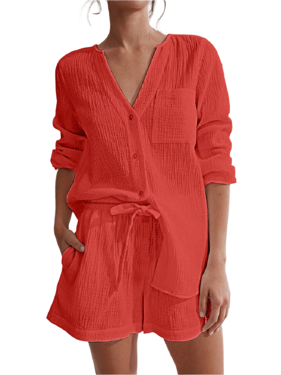 Notched Long Sleeve Top and Shorts Set