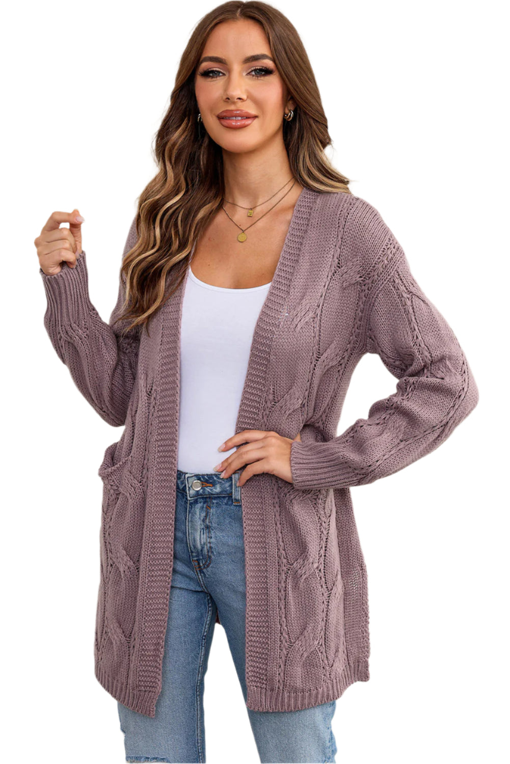 Cable-Knit Dropped Shoulder Slit Cardigan