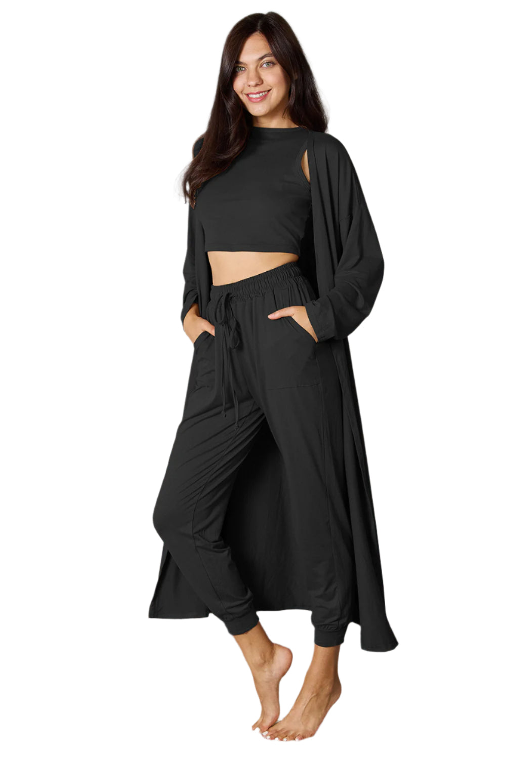 Tank, Pants, and Cardigan Set with Pockets