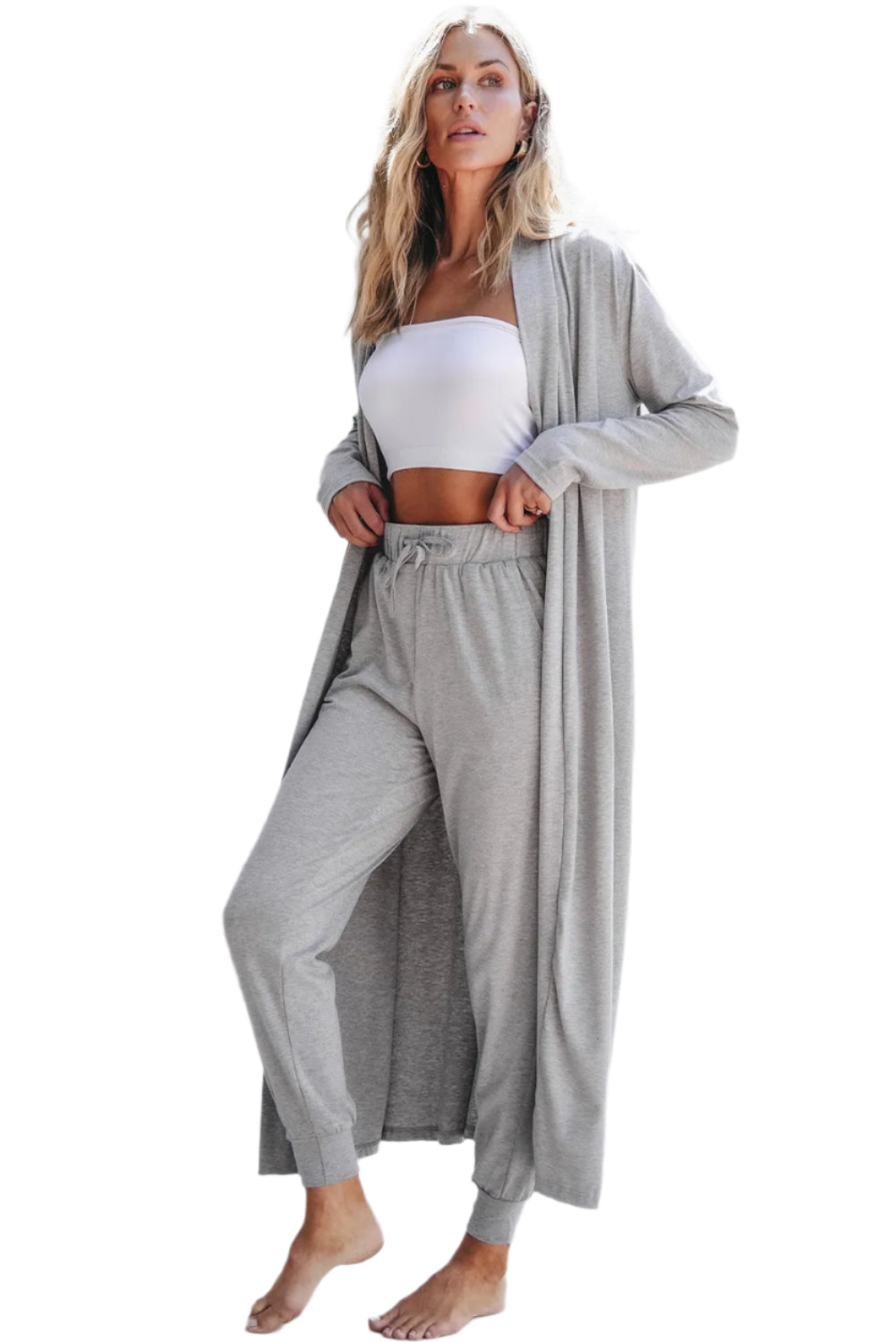 Open Front Long Sleeve Cardigan and Pants Lounge Set