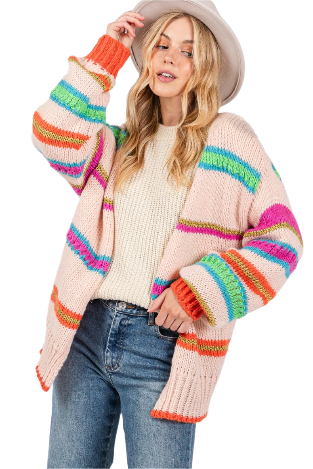 SAGE + FIG Rainbow Striped Open Front Knit Cardigan