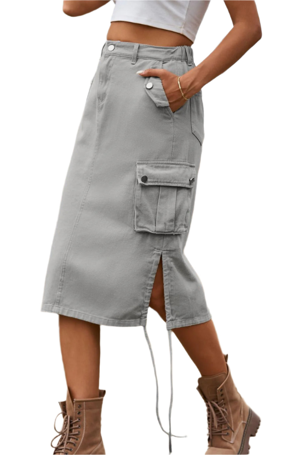 Drawstring Denim Cargo Skirt