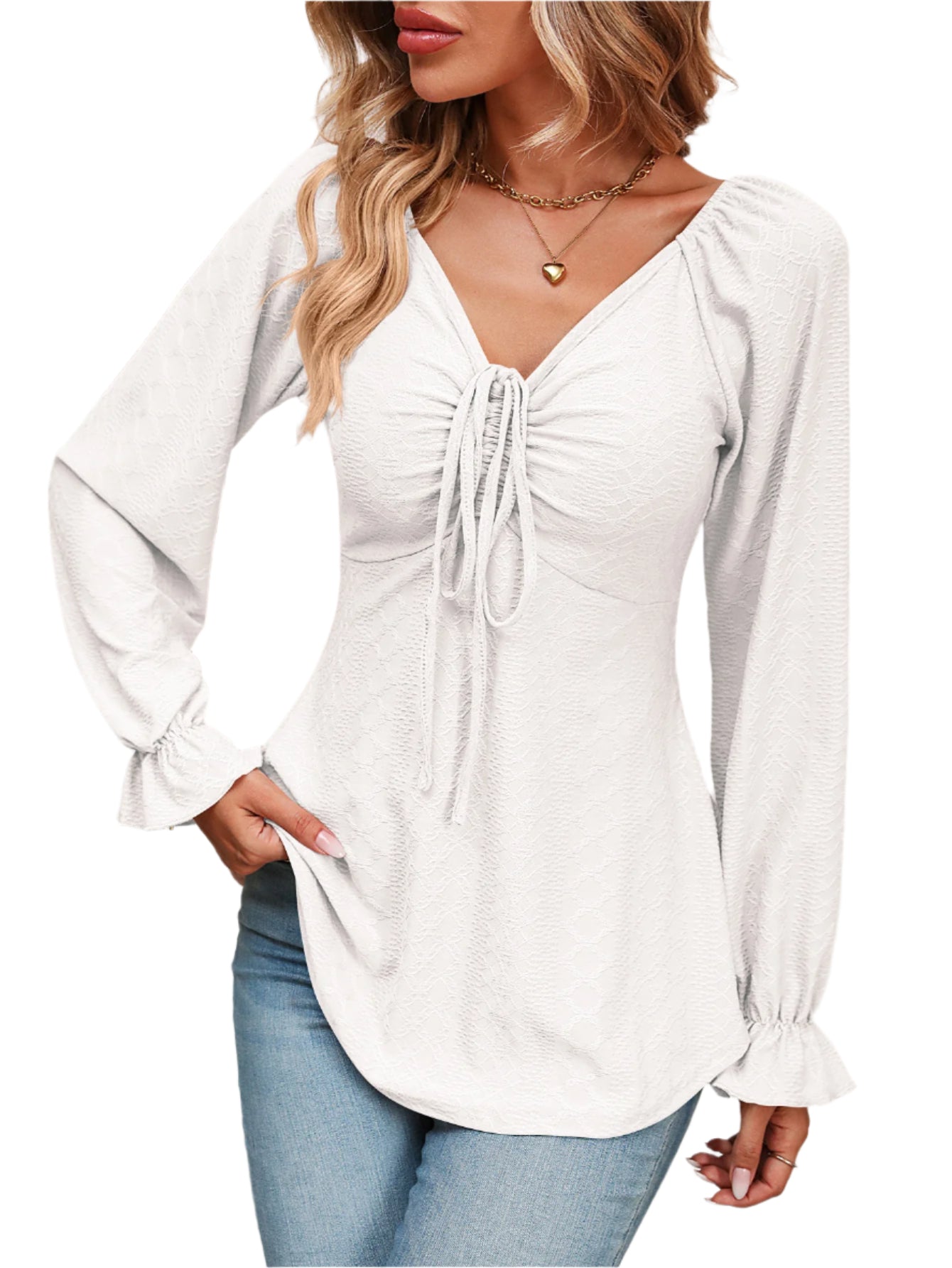 Mandy Tie Front V-Neck Puff Sleeve Blouse