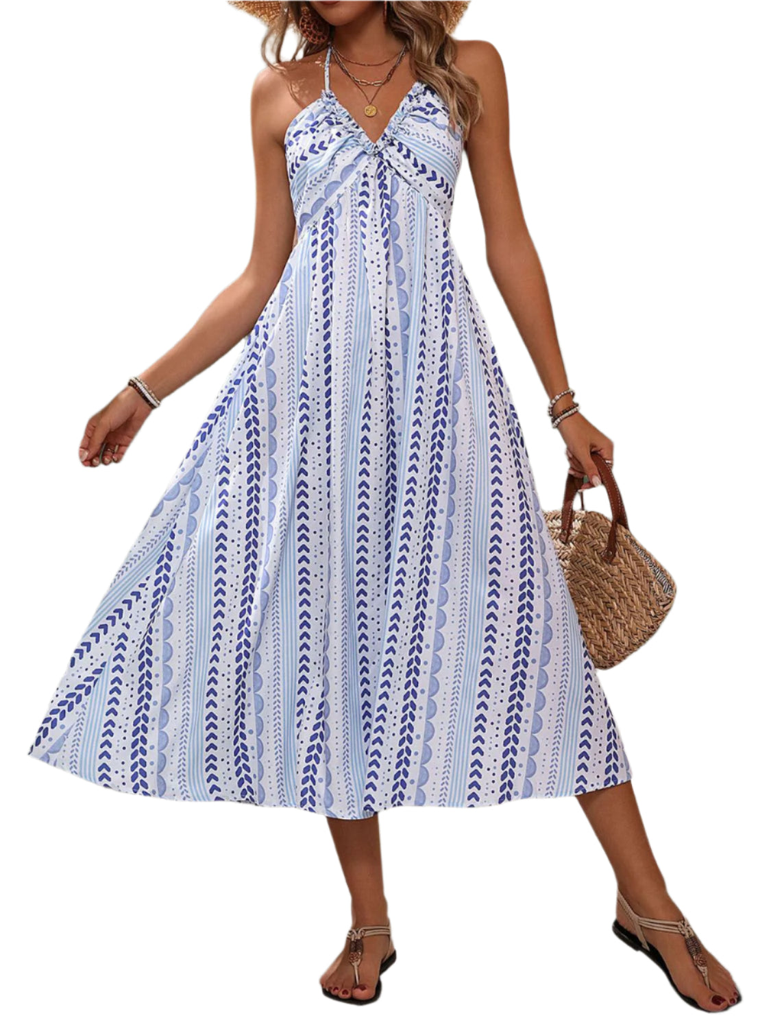 Perfee Tied Printed Halter Neck Midi Dress