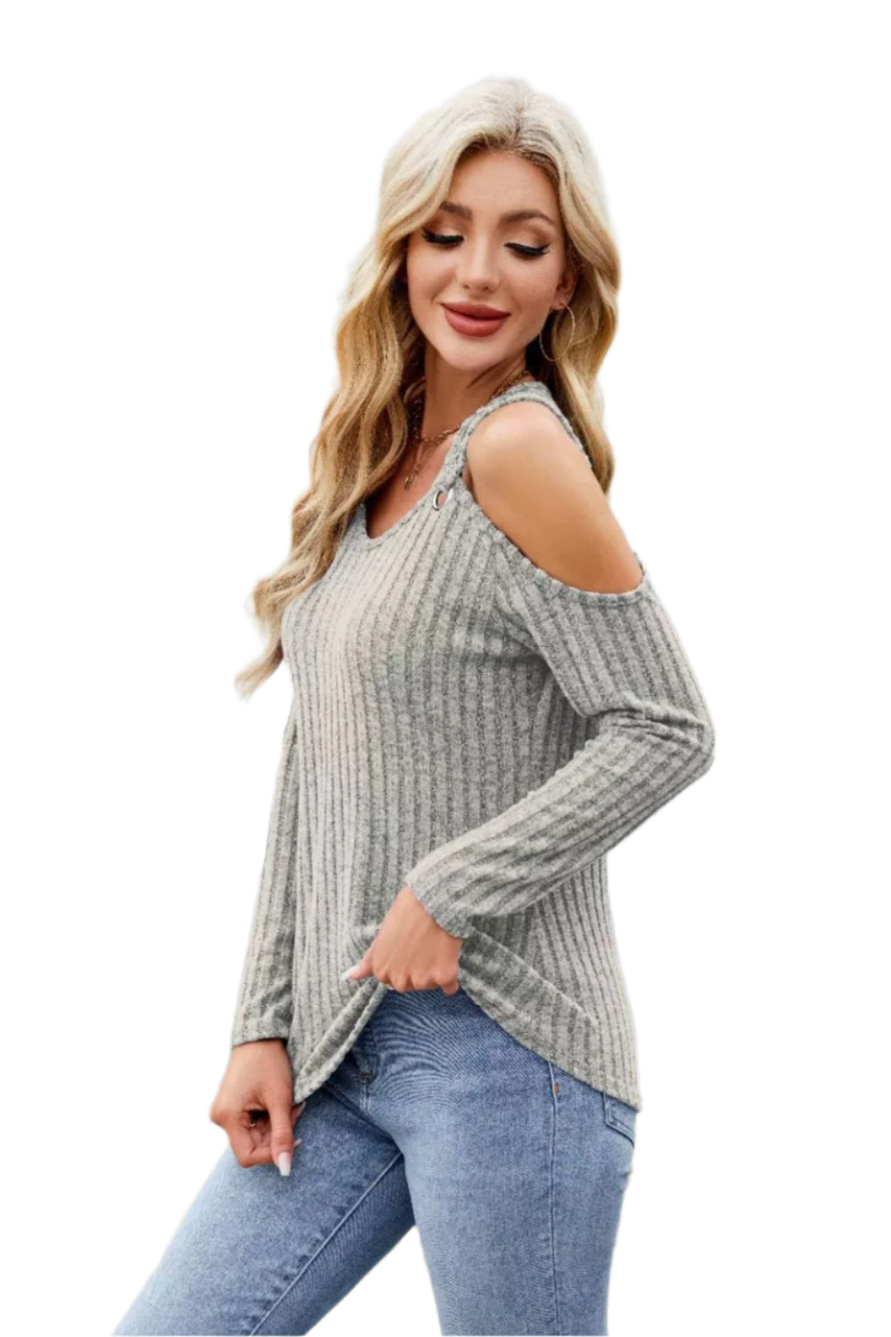 Ribbed Cold Shoulder Long Sleeve Top