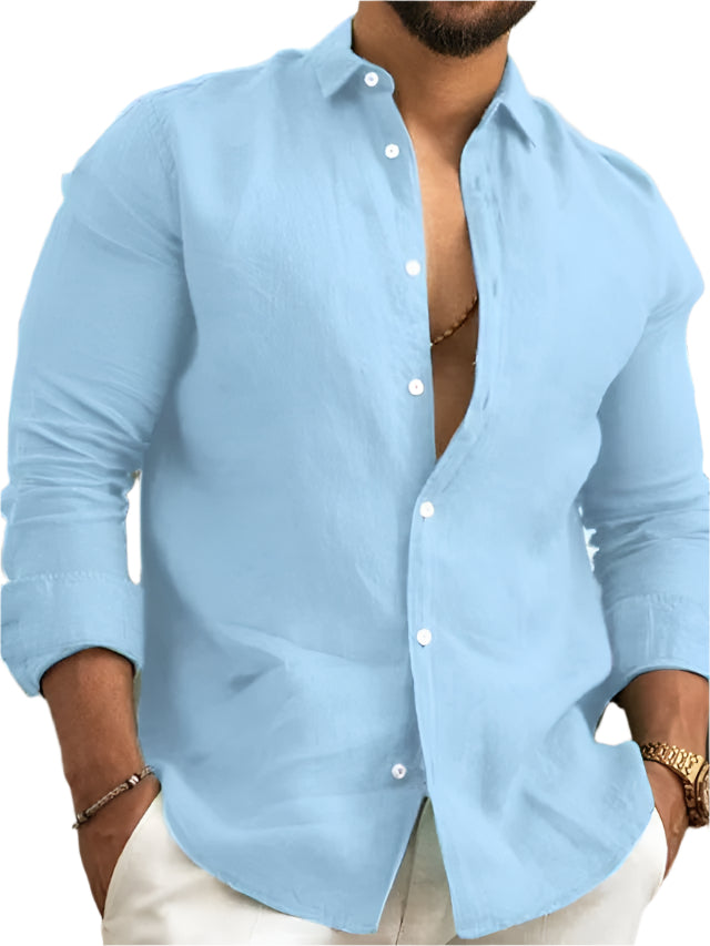 Solid Color Linen Men's Button Down Collard Shirt