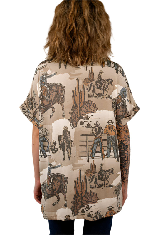 Cowboy Print Round Neck Short Sleeve T Shirt
