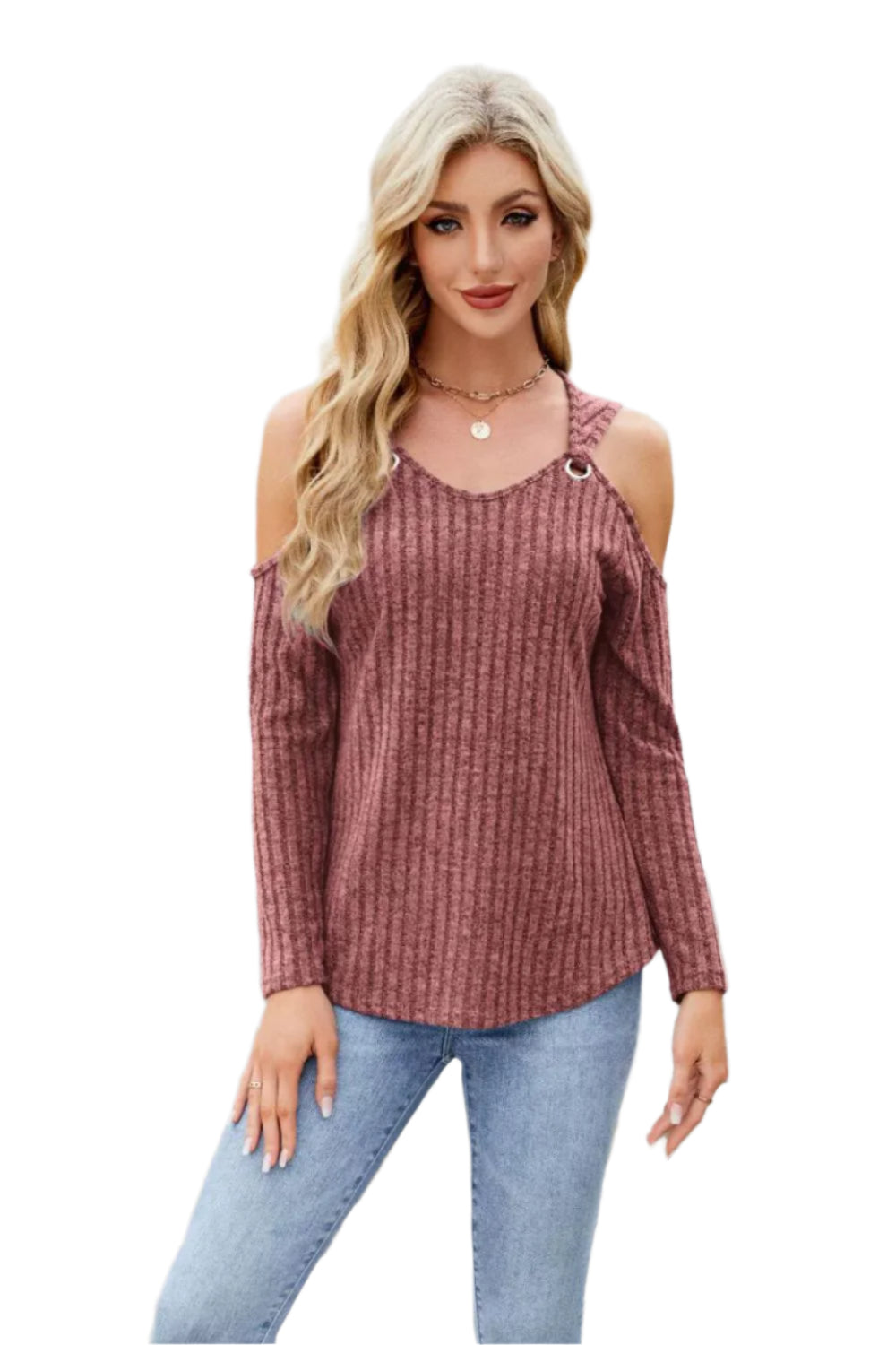 Ribbed Cold Shoulder Long Sleeve Top