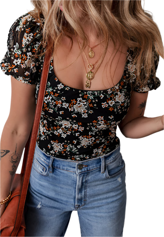 Printed Scoop Neck Short Sleeve Bodysuit