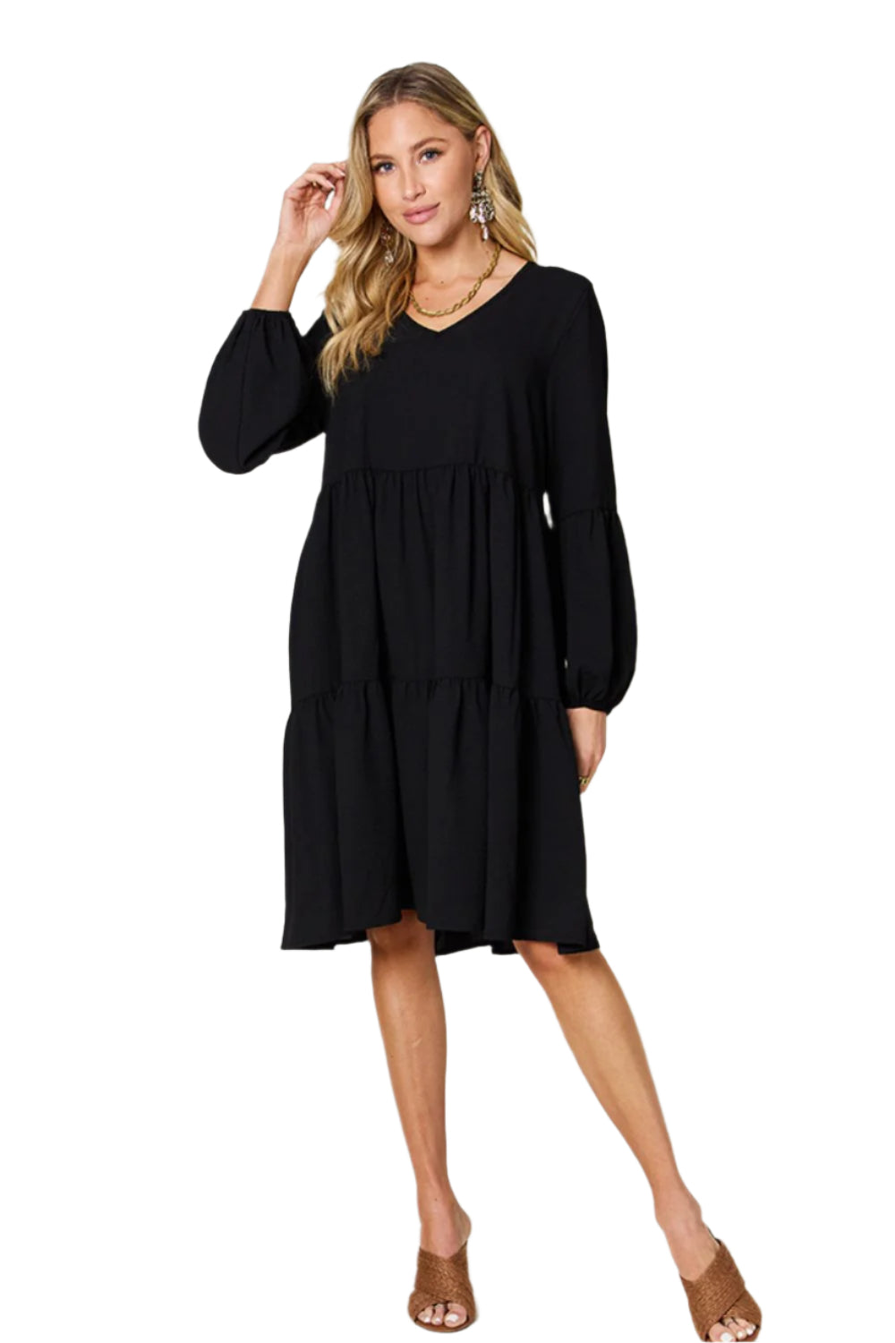 Double Take Full Size V-Neck Balloon Sleeve Tiered Dress with Pockets