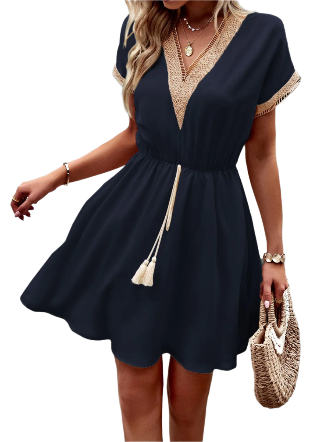 Devine Contrast Trim V-Neck Short Sleeve Mini Dress