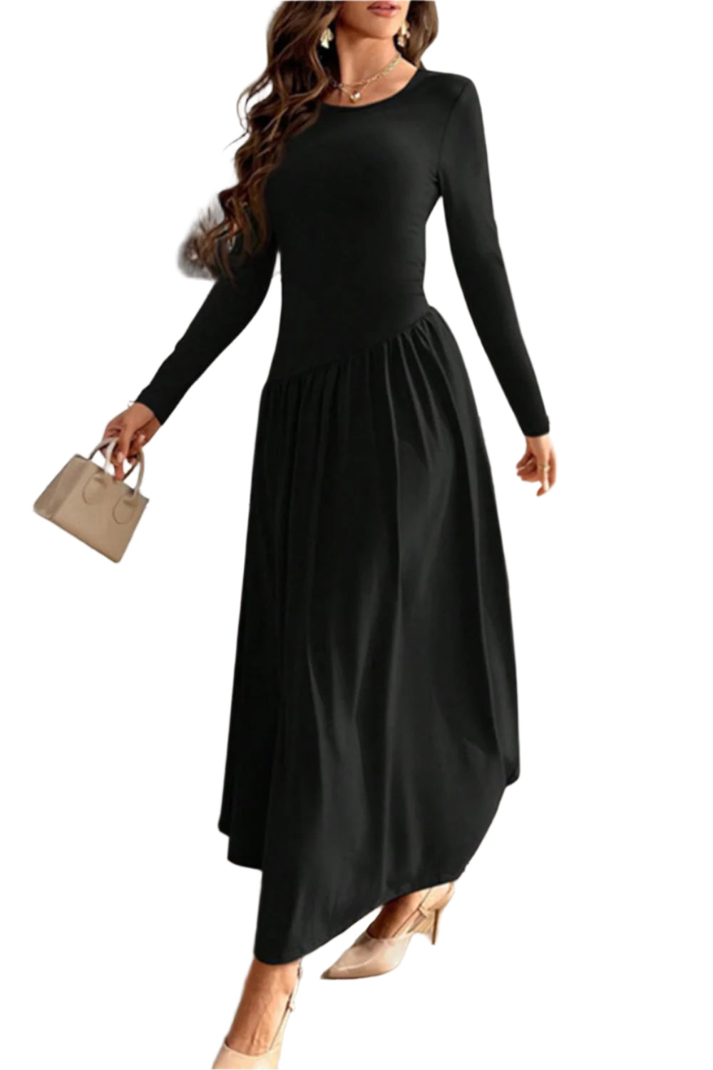 Ruched Round Neck Long Sleeve Dress