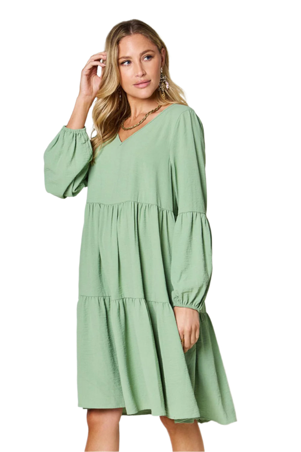 Double Take Full Size V-Neck Balloon Sleeve Tiered Dress with Pockets