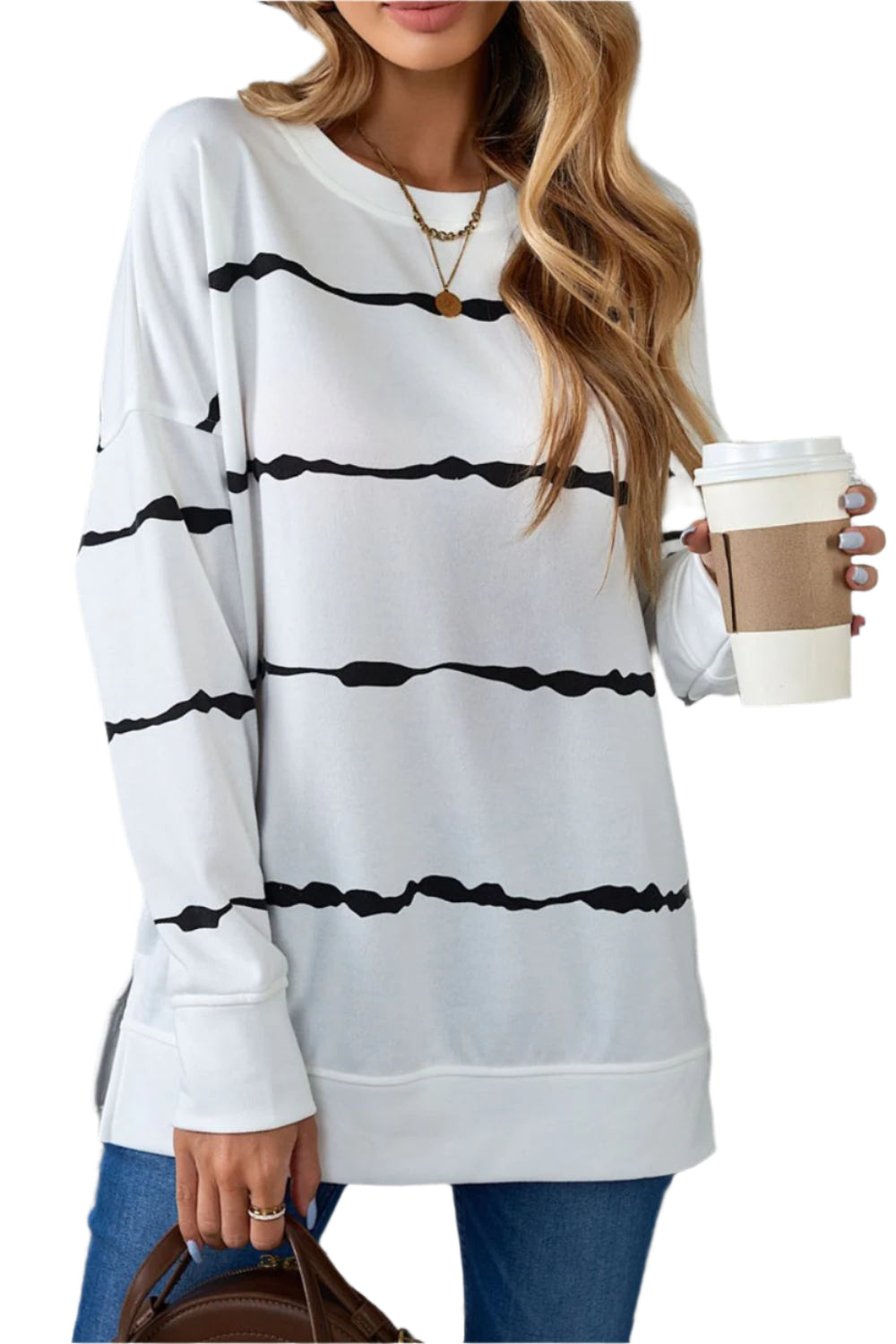Slit Contrast Striped Round Neck Long Sleeve T-Shirt