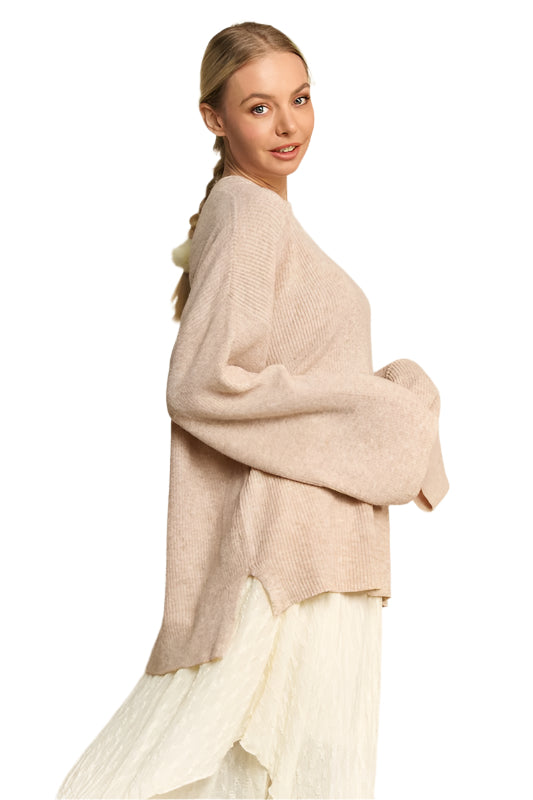 Davi & Dani High-Low Round Neck Drop Shoulder Sweater