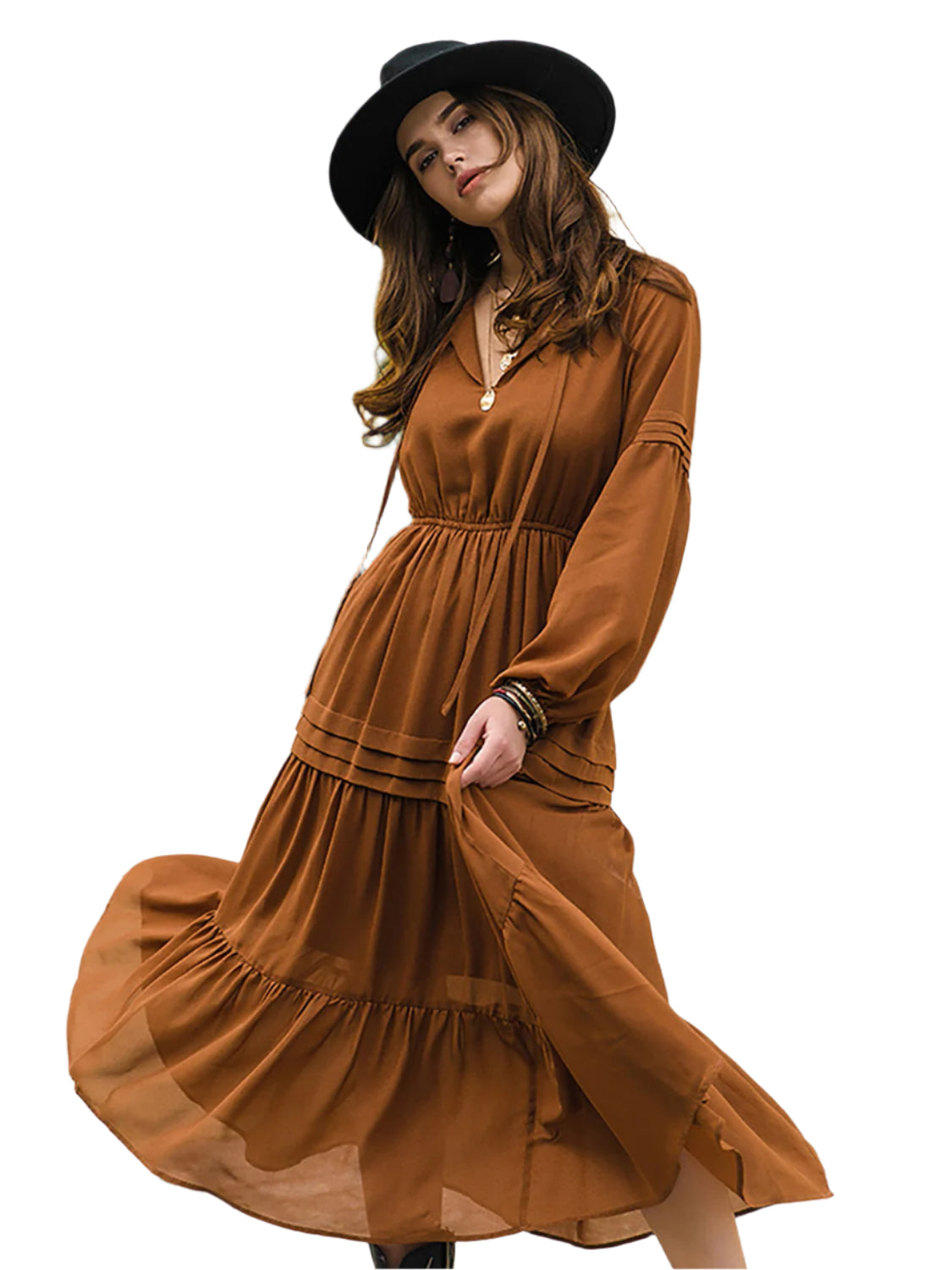 Tie Neck Long Sleeve Midi Tiered Dress