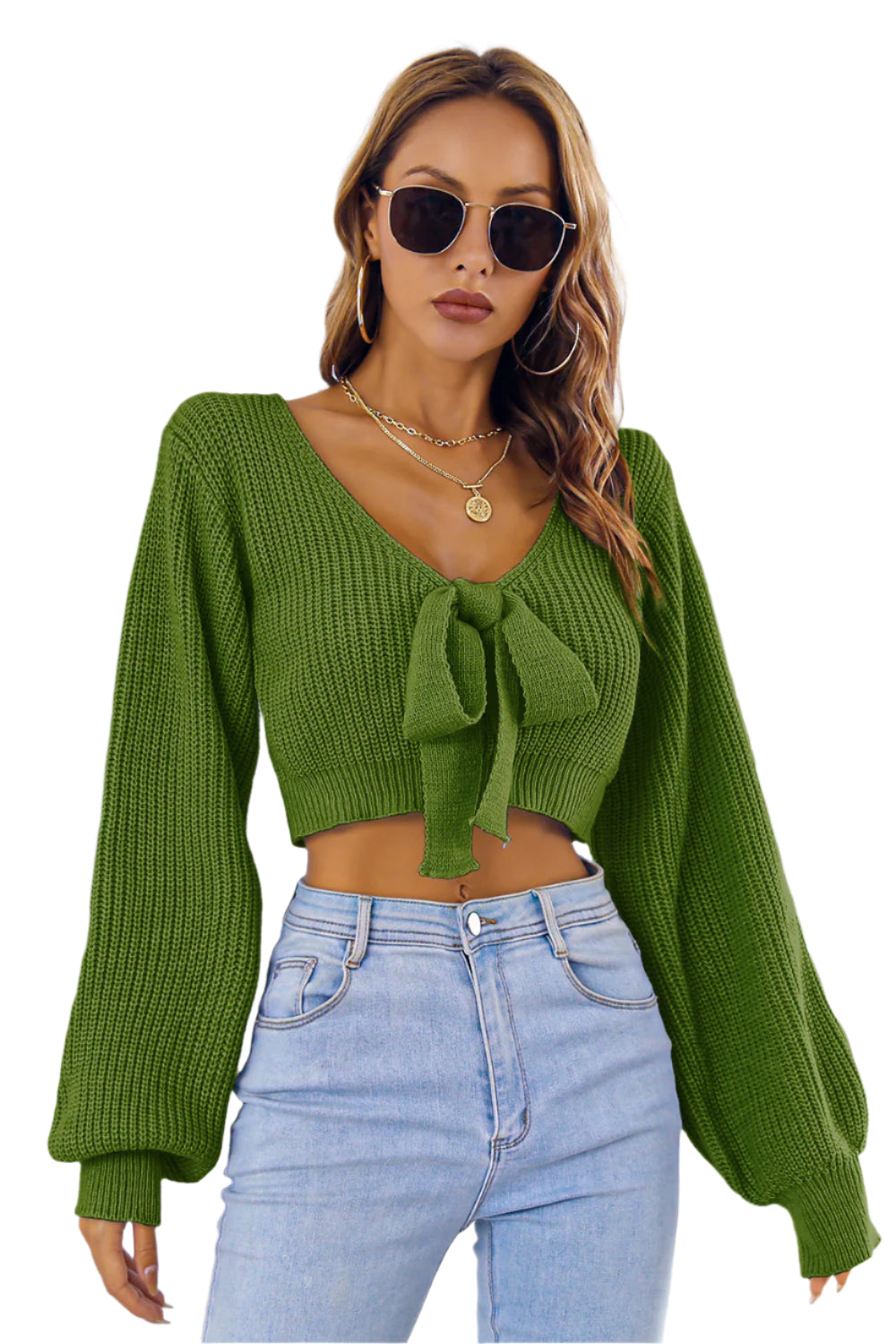 Bow V-Neck Long Sleeve Cropped Sweater