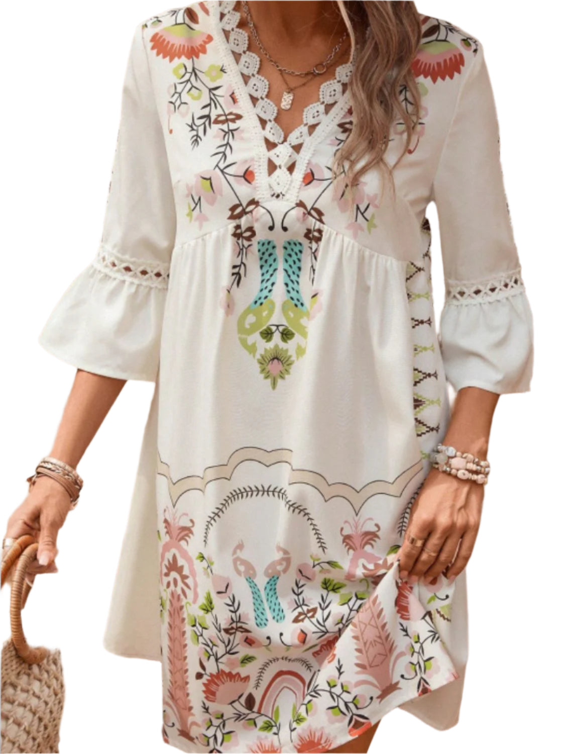 Lace Detail Printed Three-Quarter Sleeve Dress