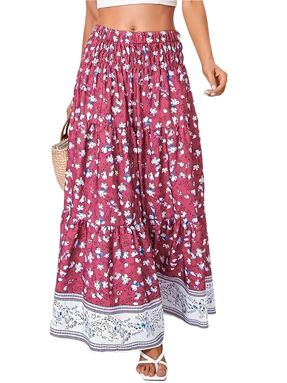 Full Size Tiered Printed Elastic Waist Skirt